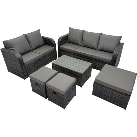 Fimous Outdoor Love Sofa 3 Seater Sofa Coffee Table Set Garden Rattan Furniture Set 8 Seater with 3 Stools Dark Grey (1/5)