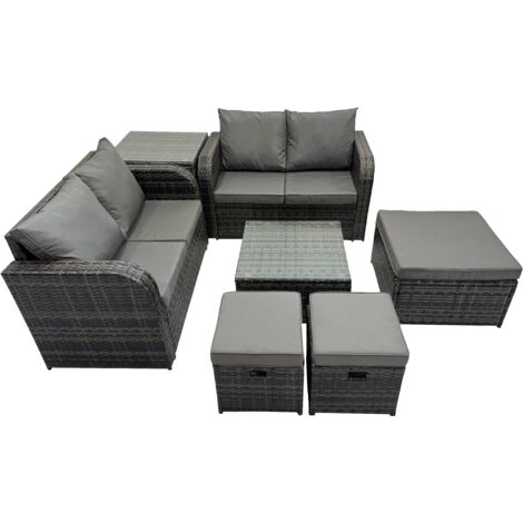 Fimous Rattan Garden Outdoor Furniture Set Love Sofa Square Coffee Table Set with Side Table 3 Stools Dark Grey Mixed (1/5)