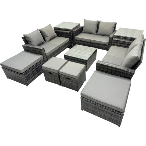 Fimous PE Rattan Garden Furniture Set Lounge Double Seat Sofa Coffee Table Set with 2 Side Tables 4 Stools Dark Grey Mixed (1/5)
