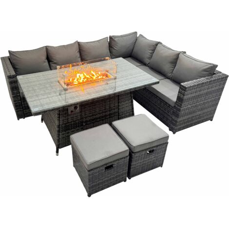 Fimous 8 Seater Outdoor Corner Sofa Gas Firepit Dining Table Set Garden Rattan Furniture Set with 2 Small Stools Dark Grey