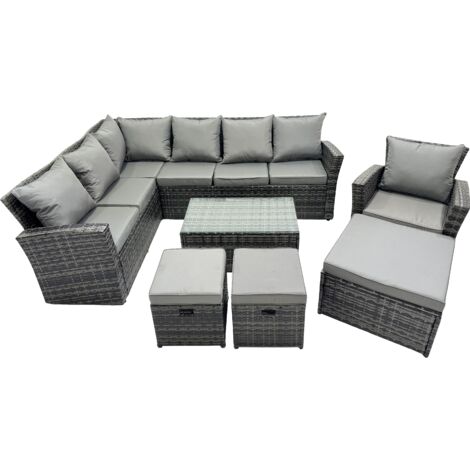 Fimous 10 Seat Rattan High Back Corner Sofa Set Patio Coffee Table Sets with 3 Stools Chair Dark Grey Mixed (1/5)