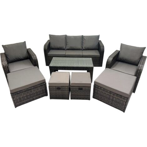 Fimous Rattan Garden Outdoor Furniture Set 3 Seater Sofa Reclining Chair Coffee Table with 4 Footstools (1/5)
