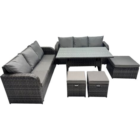 Fimous 9 Seat Outdoor Wicker PE Rattan Garden Furniture Set Dining Table Sofa Set with 3 Stools Dark Grey Mixed (1/5)