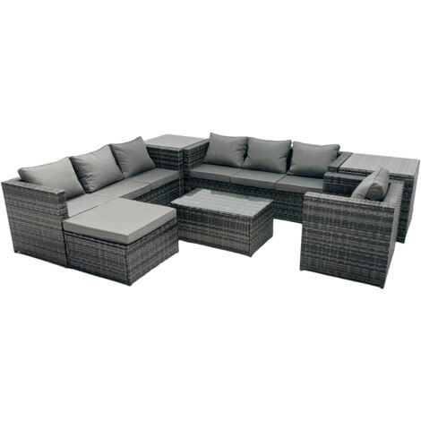 Fimous Rattan Garden Furniture Dining Set 8-seater Patio Coffee Table Sofa Set with Big Stool 2 Side Tables Dark Grey Mixed (1/5)