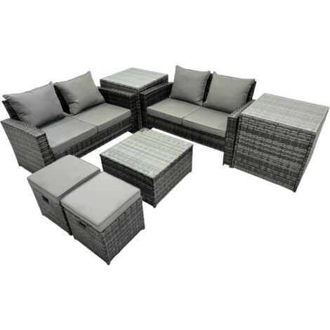 Fimous PE Rattan Garden Furniture Set Lounge Double Seat Sofa Coffee Table Set with 2 Side Tables 2 Small Stools Dark Grey Mixed