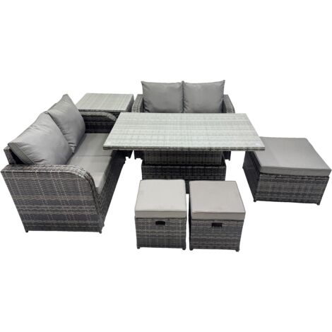 Fimous 7-seater Patio Height Adjustable Rising Lifting Table Sofa Sets Rattan Garden Furniture Dining Set with 3 Stools Side Table Dark Grey Mixed (1/5)