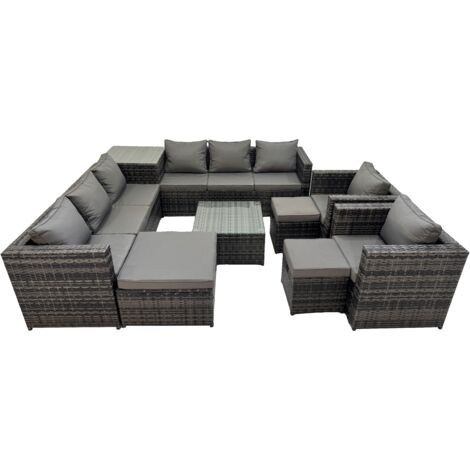 Fimous Garden Rattan Outdoor Furniture Set 11 Seater Patio Corner Sofa Coffee Table with 3 Stool Side Table Dark Grey (1/5)