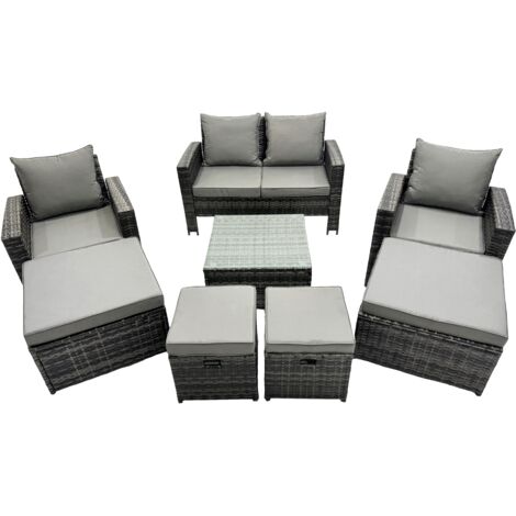 Fimous PE Rattan Garden Furniture Set Lounge Sofa Coffee Table Set with 4 Footstool Dark Grey Mixed (1/5)