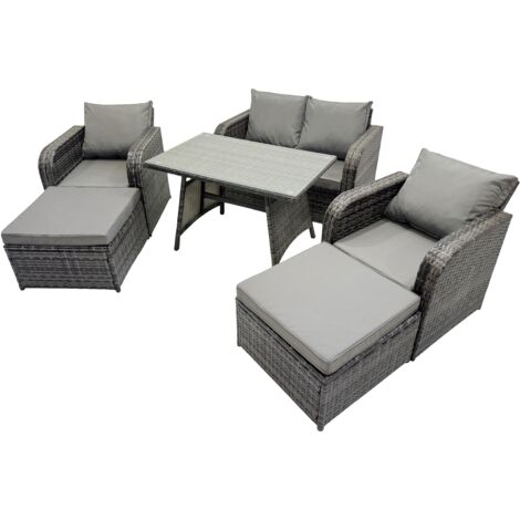 Fimous 6 Seater Garden Outdoor Rattan Furniture Set Rattan Sofa Oblong Dining Table with 2 Big Stools Dark Grey (1/5)