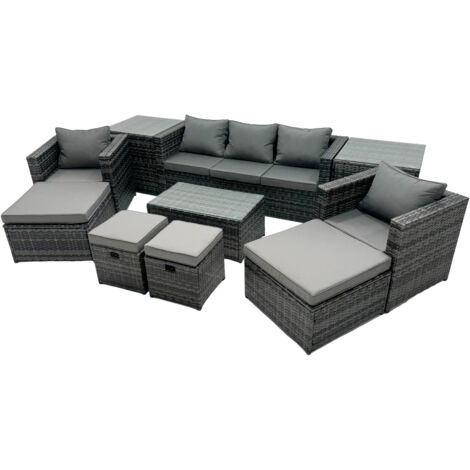 Fimous Outdoor Coffee Table Sofa Armchair Set with 2 Side Tables 2 Big Stools 2 Small Footstools Garden Furniture Set Dark Grey Mixed (1/5)