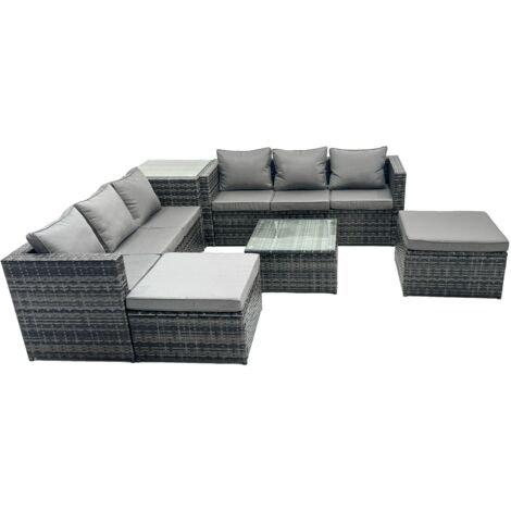 Fimous Outdoor Rattan Garden Furniture Set 8 Seater Patio Lounge Sofa Set with Square Coffee Table Side Table 2 Big Footstools Dark Grey Mixed (1/5)
