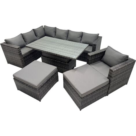 Fimous 9-seater Height Adjustable Rising Lifting Table Corner Sofa Set Rattan Garden Furniture Dining Set with 2 Big Stool Dark Grey Mixed (1/5)