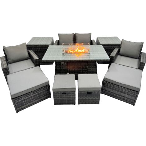 Fimous Outdoor Love Sofa Set 8 Seat Rattan Garden Furniture Set with Gas Firpit Dining Table 4 Footstools 2 Side Table Dark Grey Mixed (1/5)