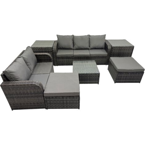 Fimous Wicker PE Rattan Garden Outdoor Furniture Set Love Sofa Square Coffee Table Set with 2 Big Stools 2 Side Tables Dark Grey Mixed (1/5)