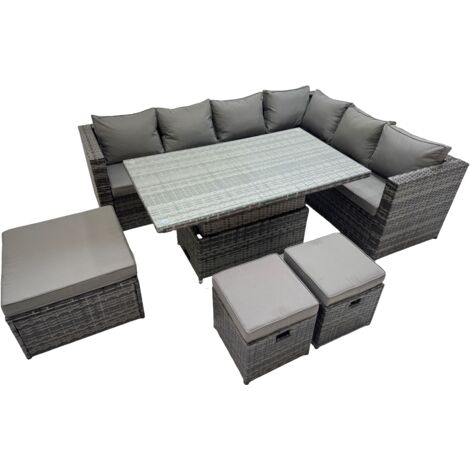 Fimous 9 Seater Rattan Height Adjustable Rising Lifting Table Corner Sofa Sets with 3 Footstools Dark Grey Mixed (1/5)