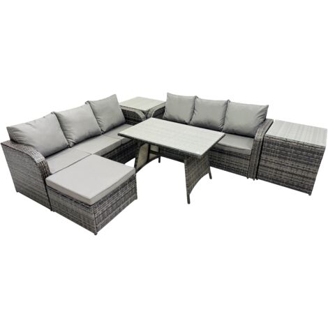 Fimous Garden Rattan Outdoor Furniture Set 7 Seater with 3 Seater Sofa Big Stool 2 Side Table Dark Grey (1/5)