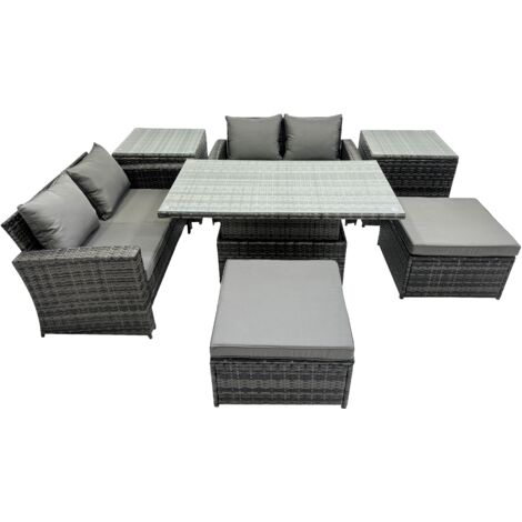 Fimous Outdoor Love Sofa Set 6 Seat Rattan Garden Furniture Set with Adjustable Lifting Dining or Coffee Table Big Stool Dark Grey Mixed (1/5)