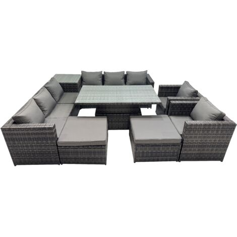 Fimous 10 Seater Outdoor Corner Sofa Height Adjustable Rising Lifting Table Set Garden Rattan Furniture Set with Side Table 2 Big Stool Dark Grey