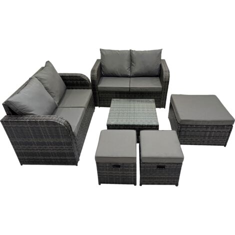 Fimous Rattan Garden Outdoor Furniture Set Love Sofa Square Coffee Table Set with 3 Stools Dark Grey Mixed (1/5)