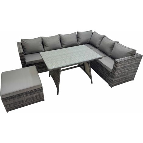 Fimous Rattan garden furniture Patio Furniture Sets with Dining Table Big Stool Dark Grey Mixed (1/5)