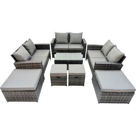 Fimous PE Rattan Garden Furniture Set Lounge Double Seat Sofa Coffee Table Set with 4 Stools Dark Grey MixedMixed (1/5)