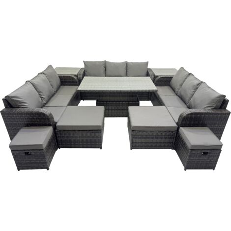 Fimous Rattan Garden Furniture Dining Set 13-seater Patio Height Adjustable Rising Lifting Table Sofa Set with 2 Side Tables Dark Grey Mixed (1/5)