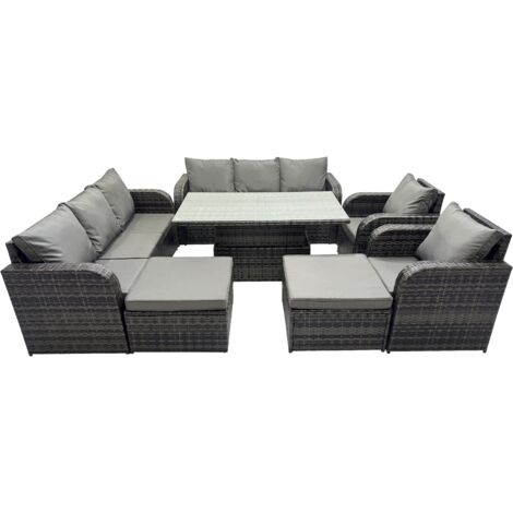 Fimous Rattan Garden Furniture Dining Set 10-seater Patio Height Adjustable Rising Lifting Table Sofa Set with 2 Big Footstool Dark Grey Mixed