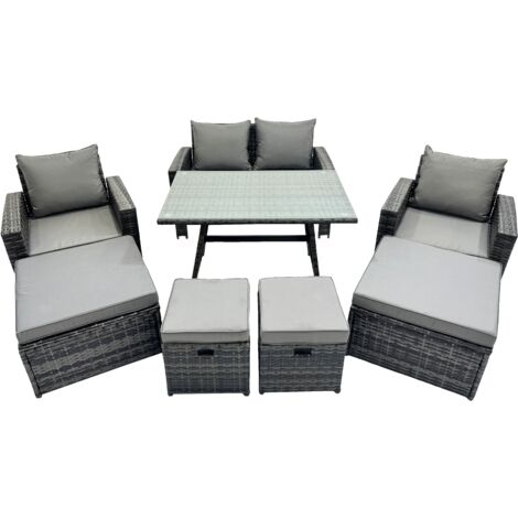 Fimous 8 Seater Wicker PE Rattan Furniture Outdoor Dining Table Double Seat Sofa 4 Stools Set Dark Grey Mixed (1/5)