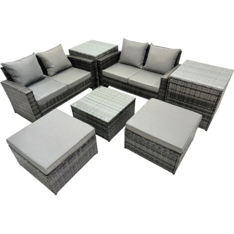 Fimous PE Rattan Garden Furniture Set Lounge Double Seat Sofa Coffee Table Set with 2 Side Tables 2 Big Stools Dark Grey Mixed (1/5)