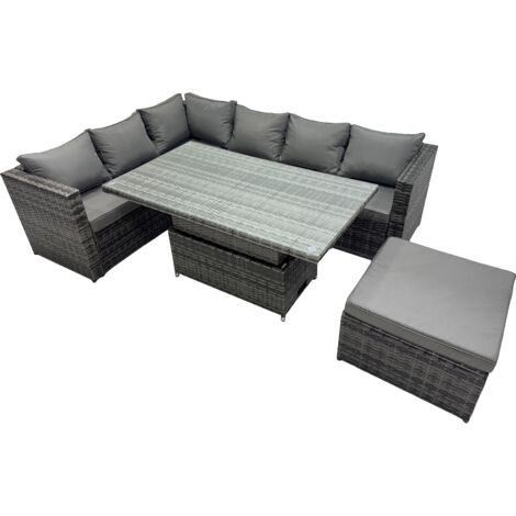 Fimous 7-seater Height Adjustable Rising Lifting Table Corner Sofa Set Rattan Garden Furniture Dining Set with Big Stool Dark Grey Mixed (1/5)