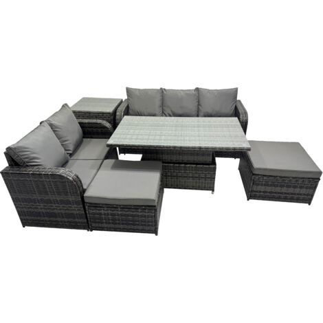 Fimous Rattan Garden Furniture Dining Set 7-seater Patio Height Adjustable Rising Lifting Table Sofa Set with Side Table Dark Grey Mixed (1/5)