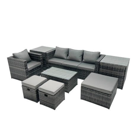 Fimous Outdoor Coffee Table Sofa Armchair Set with 2 Side Tables Big Stool 2 Small Footstools Garden Furniture Set Dark Grey Mixed (1/5)