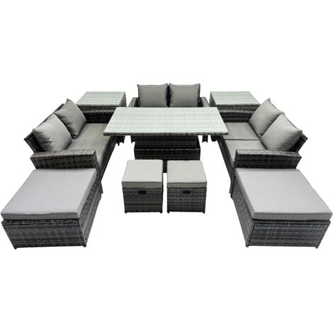Fimous Outdoor Love Sofa Set 10 Seat Rattan Garden Furniture Set with Adjustable Lifting Dining or Coffee Table 2 Side Tables Dark Grey Mixed (1/5)