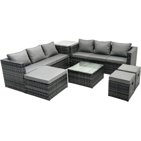 Fimous Outdoor Rattan Garden Furniture Set 9 Seater Patio Lounge Sofa Set with Square Coffee Table Side Table 3 Footstools Dark Grey Mixed (1/5)
