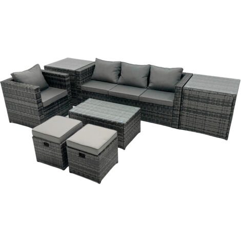 Fimous Outdoor Coffee Table Sofa Armchair Set with 2 Side Tables 2 Small Footstools Garden Furniture Set Dark Grey Mixed (1/5)