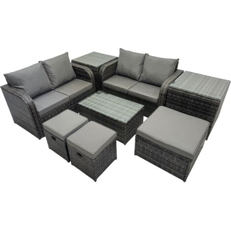 Fimous Outdoor Love Sofa Coffee Table Set Garden Rattan Furniture Set 7 Seater with 3 Stools 2 Side Tables Dark Grey (1/5)