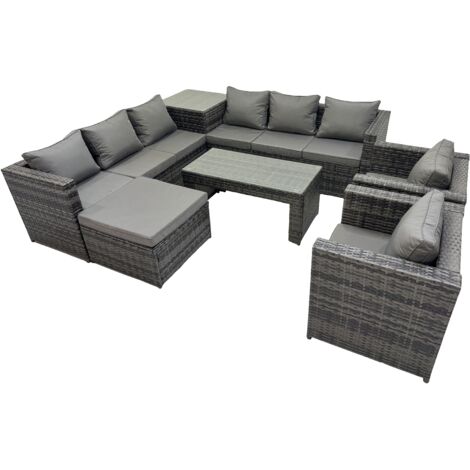 Fimous Garden Rattan Outdoor Furniture Set 9 Seater Patio Corner Sofa Oblong Coffee Table with Chair Big Stool Side Table Dark Grey (1/5)