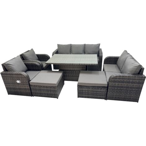 Fimous Rattan Garden Furniture Dining Set 9-seater Patio Height Adjustable Rising Lifting Table Sofa Sets with 2 Big Footstool Dark Grey Mixed (1/5)