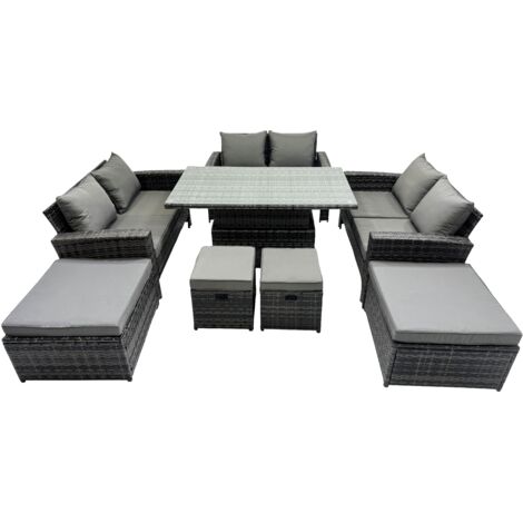Fimous Outdoor Love Sofa Set 10 Seat Rattan Garden Furniture Set with Adjustable Lifting Dining or Coffee Table Dark Grey Mixed (1/5)