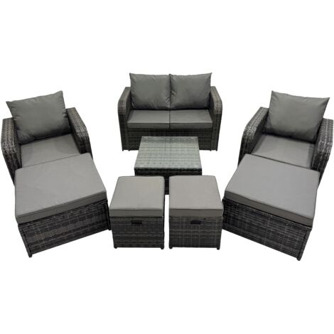 Fimous Rattan Garden Outdoor Furniture Set Love Sofa Reclining Chair Square Coffee Table Set with 4 Stools Dark Grey Mixed (1/5)