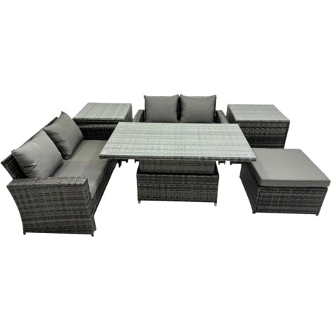 Fimous Outdoor Love Sofa Set 5 Seat Rattan Garden Furniture Set with Adjustable Lifting Dining or Coffee Table Dark Grey Mixed (1/5)