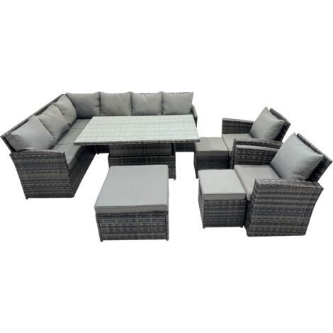 Fimous 11 Seat Poly Rattan Outdoor Patio Height Adjustable Rising Lifting Table Corner Sofa Set with 3 Stool 2 Chairs for Garden Backyard Dark Grey Mixed (1/5)