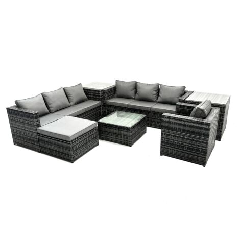 Fimous Rattan Garden Furniture Dining Set 8-seater Patio Coffee Table Sofa Set with 2 Side Tables Big Stool Dark Grey Mixed (1/5)