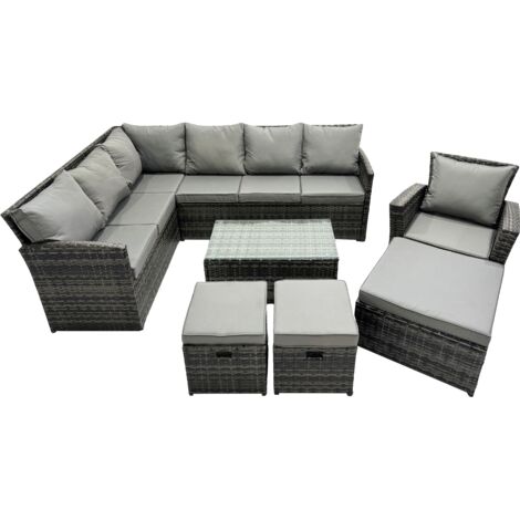 Fimous 10 Seat Poly Rattan Outdoor Patio Coffee Table Corner Sofa Set with 3 Stools Chair for Garden Backyard Dark Grey Mixed (1/5)