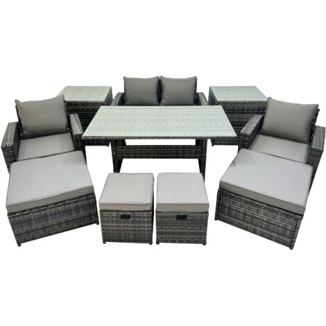 Fimous 8 Seater Wicker PE Rattan Furniture Outdoor Dining Table Double Seat Sofa 2 Side Tables 4 Stools Set Dark Grey Mixed (1/5)