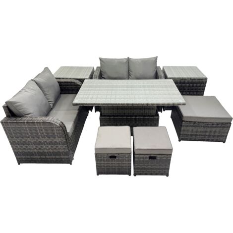 Fimous 7-seater Patio Height Adjustable Rising Lifting Table Sofa Sets Rattan Garden Furniture Dining Set with 2 Side Table 3 Stools Dark Grey Mixed (1/5)