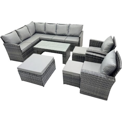 Fimous 11 Seat Poly Rattan Outdoor Patio Oblong Coffee Table Corner Sofa Set with 3 Stools 2 Chairs for Garden Backyard Dark Grey Mixed (1/5)