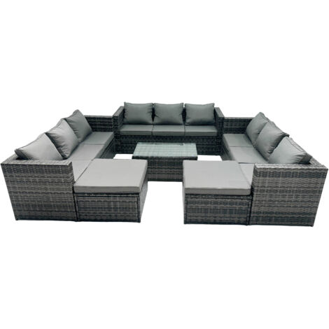 Fimous Rattan Garden Furniture Dining Set 11-seater Patio Coffee Table Sofa Set with 2 Big Stools Dark Grey Mixed (1/5)