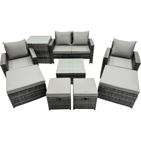 Fimous PE Rattan Garden Furniture Set Lounge Sofa Coffee Table Set with Side Table 4 Footstools Dark Grey Mixed (1/5)