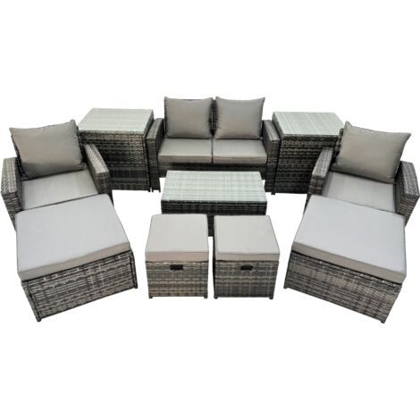 Fimous 8 Seater Wicker PE Rattan Furniture Outdoor Coffee Table Double Seat Sofa 4 Stools 2 Side Tables Set Dark Grey Mixed (1/5)